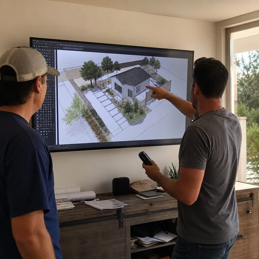 Architects collaborating on ADU design and permitting plans on a monitor.