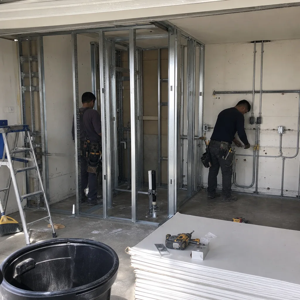 Contractors installing metal framing and electrical work for garage conversion ADU