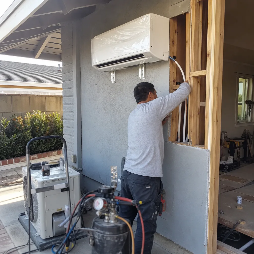 Technician installing HVAC unit during a garage conversion project