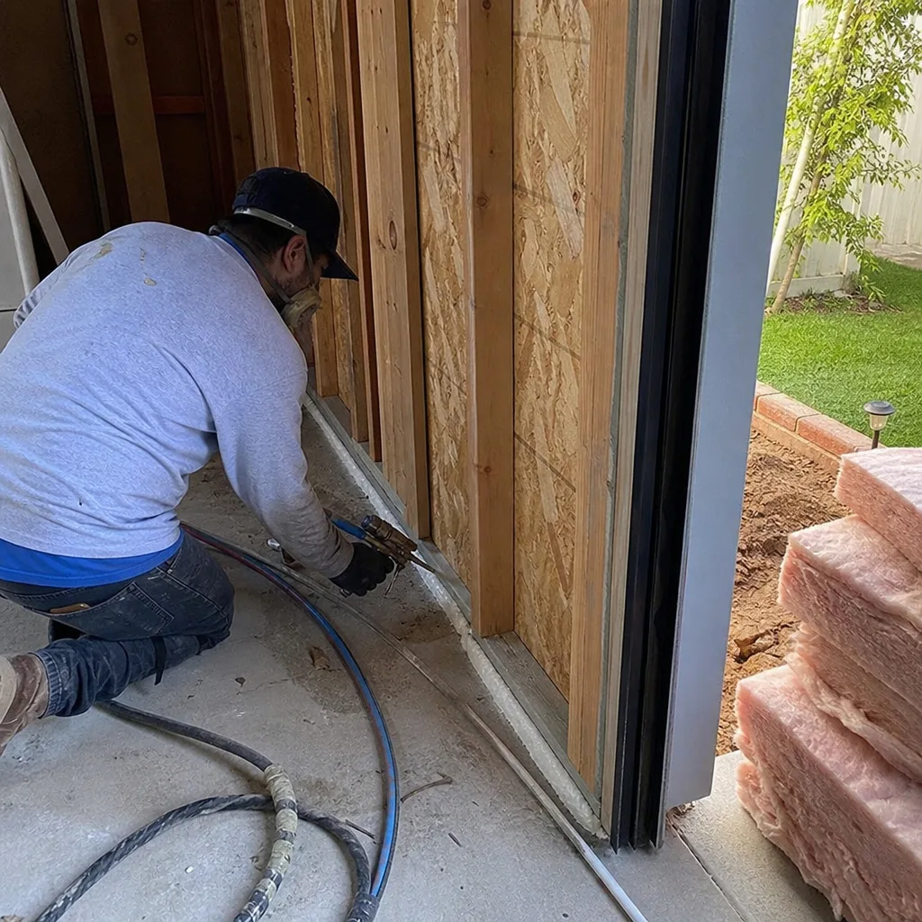 Construction worker sealing the floor base of a garage conversion project