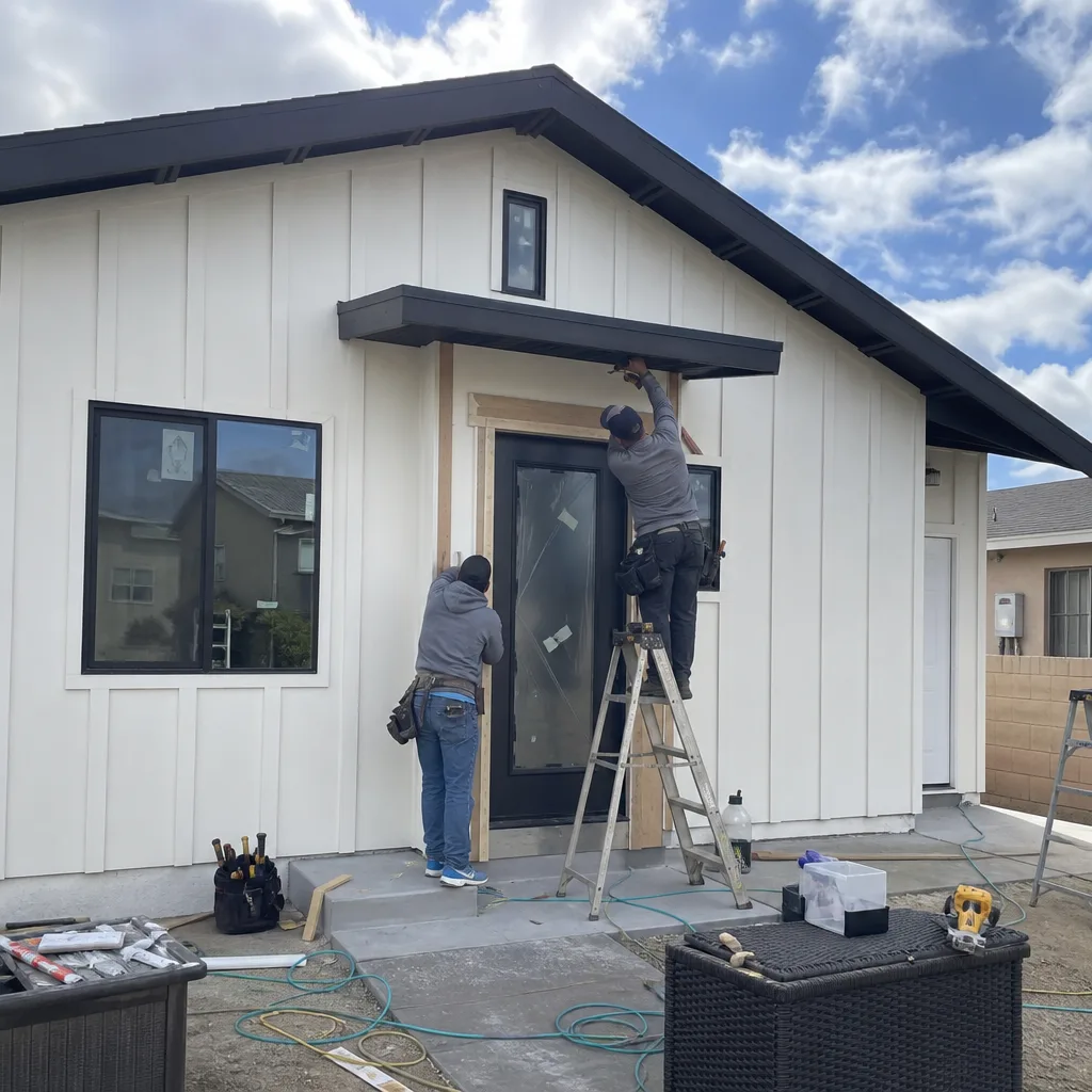 Contractors installing a modern door awning on a new detached ADU