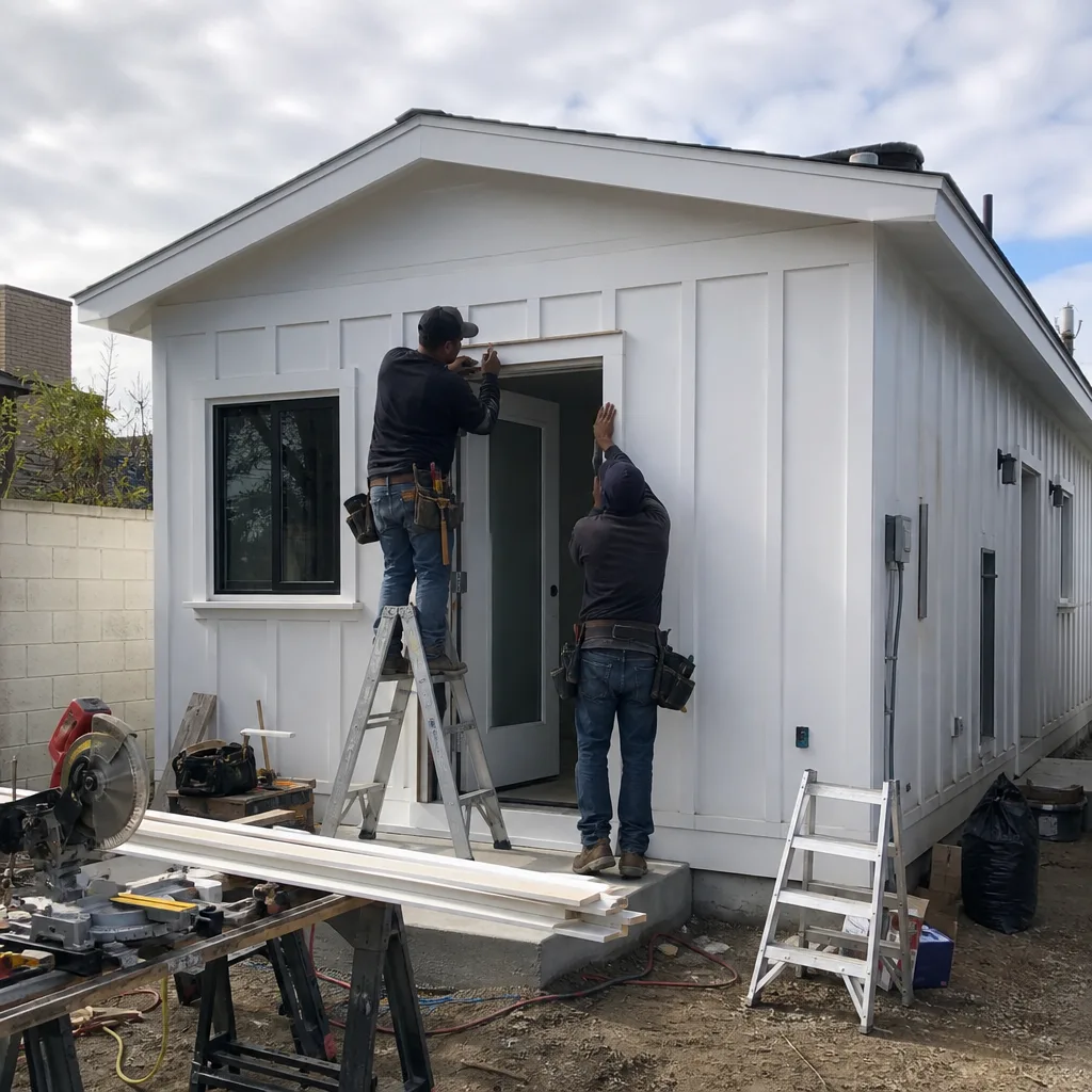 Two construction workers installing exterior trim on a new white detached ADU