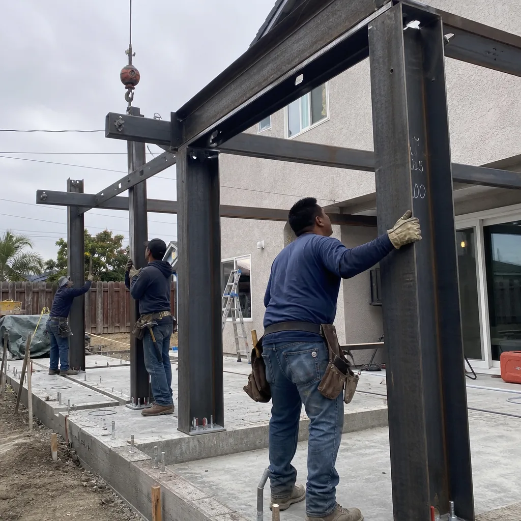 Construction crew installing steel beams for a new detached ADU project.